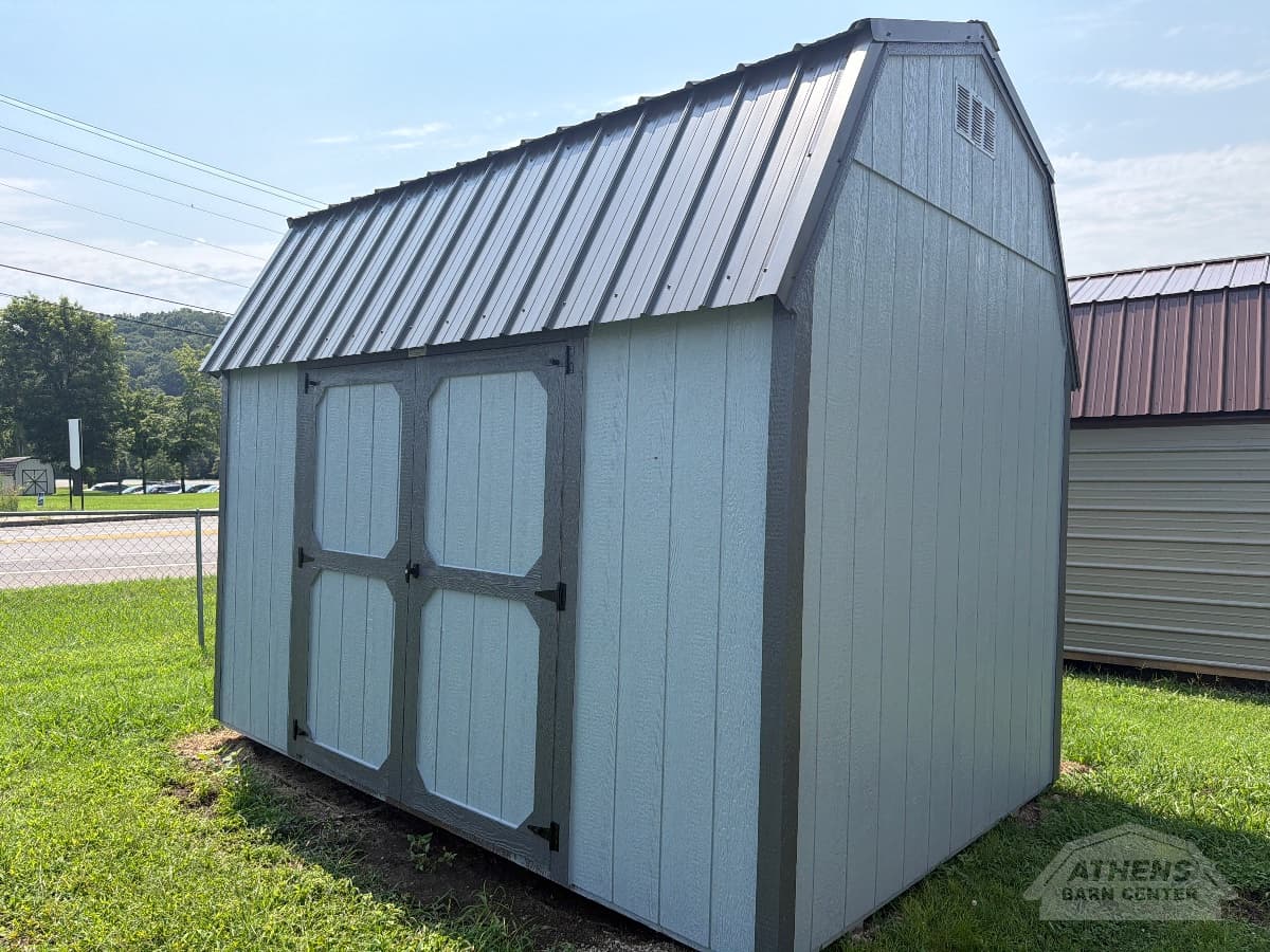 8x12 Side Lofted Barn, breezy walls · gauntlet gray trim · charcoal roof, in stock in Decatur