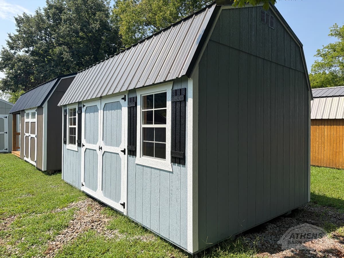 10x16 Side Lofted Barn, pewter cast walls · barn white trim · charcoal roof, in stock in Decatur