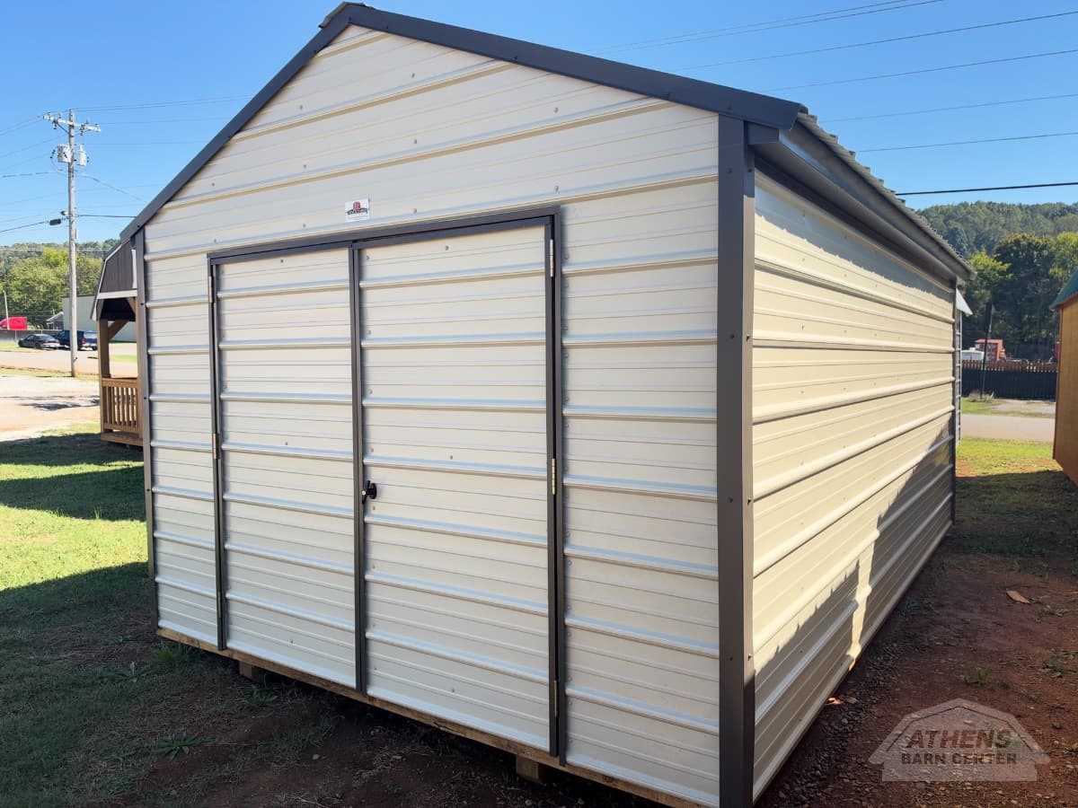 10x16 Metal Shed, light stone walls · burnished slate trim · burnished slate roof, in stock now